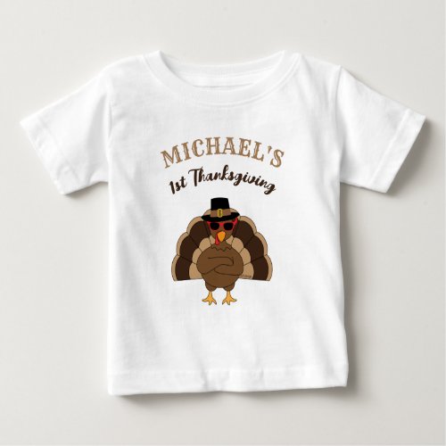 Cool Turkey 1st Thanksgiving Custom name Baby T_Shirt