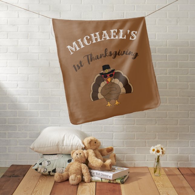 Cool Turkey 1st Thanksgiving Custom name brown Baby Blanket (In Situ)