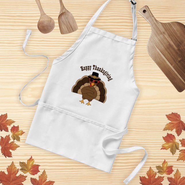 Cool Turkey Happy Thanksgiving custom text Adult Apron (Customize Cool Turkey Happy Thanksgiving aprons for adults and kids. )