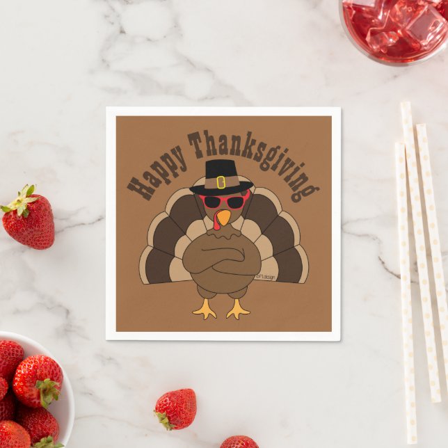 Cool Turkey Happy Thanksgiving Custom text Paper Napkins (Insitu)