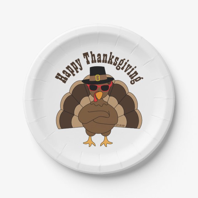 Cool Turkey Happy Thanksgiving fun Custom text  Paper Plates (Front)