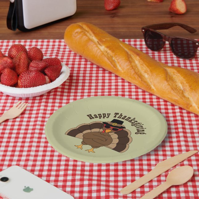 Cool Turkey Happy Thanksgiving fun Custom text  Paper Plates (Picnic)