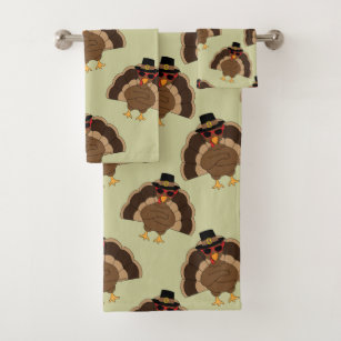 Cool Turkey Thanksgiving fun brown green pattern Bath Towel Set