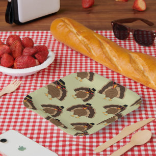 Cool Turkey Thanksgiving fun brown green pattern Paper Plates