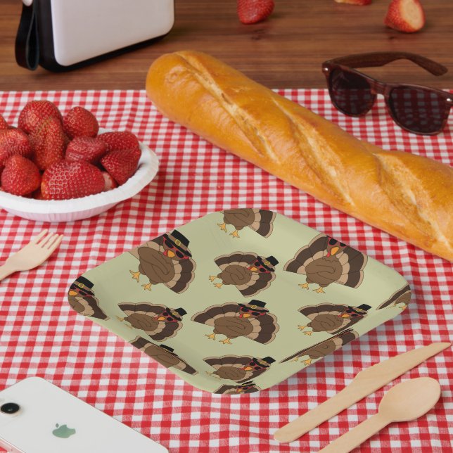 Cool Turkey Thanksgiving fun brown green pattern Paper Plates (Picnic)