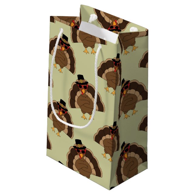 Cool Turkey Thanksgiving fun brown green pattern Small Gift Bag (Back Angled)