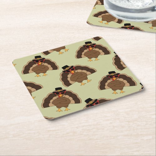 Cool Turkey Thanksgiving fun brown green pattern Square Paper Coaster