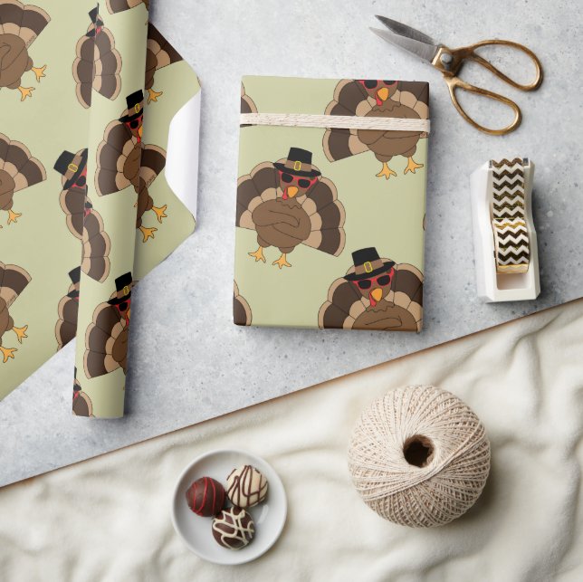 Cool Turkey Thanksgiving fun brown green pattern Wrapping Paper (Crafts)