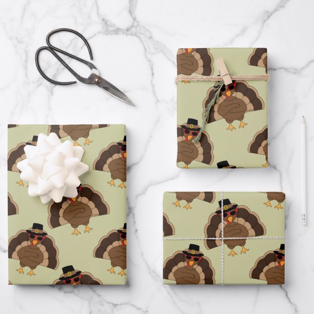 Cool Turkey Thanksgiving fun brown green pattern Wrapping Paper Sheets (Front)