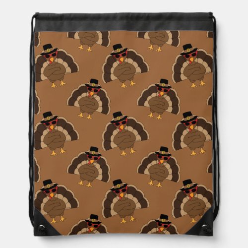 Cool Turkey Thanksgiving fun brown pattern Drawstring Bag