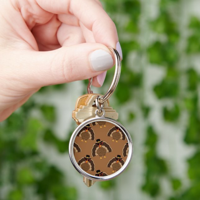 Cool Turkey Thanksgiving fun brown pattern Keychain (Hand)