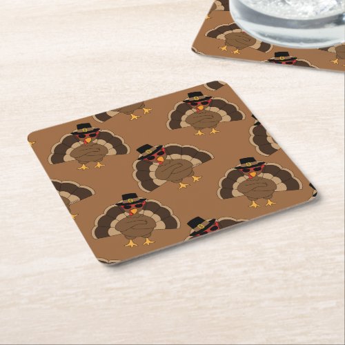 Cool Turkey Thanksgiving fun brown pattern Square Paper Coaster