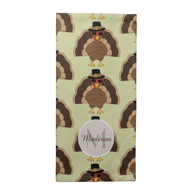Cool Turkey w sunglasses Thanksgiving Monogram Cloth Napkin (Half Fold)