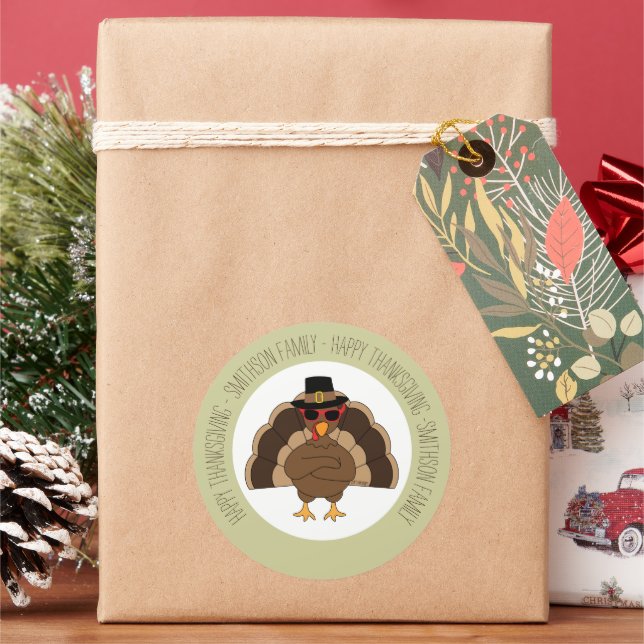Cool Turkey with sunglasses Happy Thanksgiving Classic Round Sticker (Holiday)
