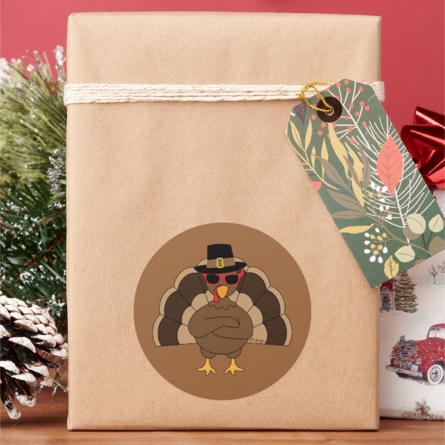 Cool Turkey with sunglasses Thanksgiving brown Classic Round Sticker (Holiday)