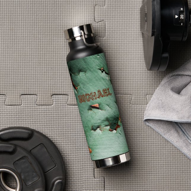 Cool turquoise brown rusty metal Your Custom name Water Bottle (Gym)