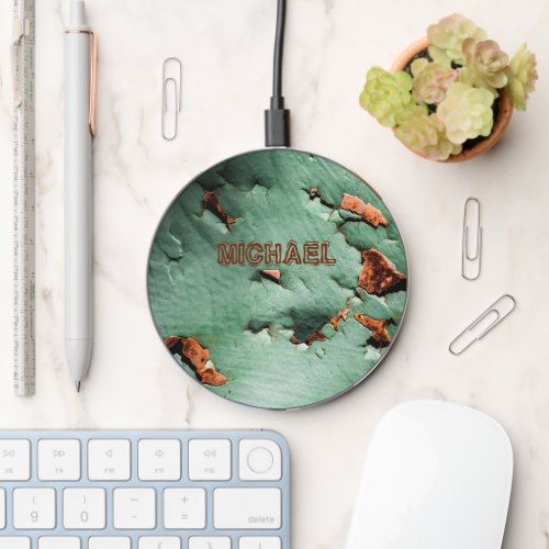 Cool turquoise brown rusty metal Your name Wireless Charger