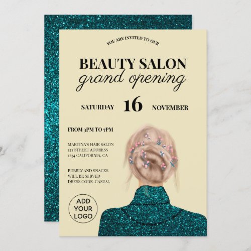 Cool turquoise glitter beauty salon grand opening invitation
