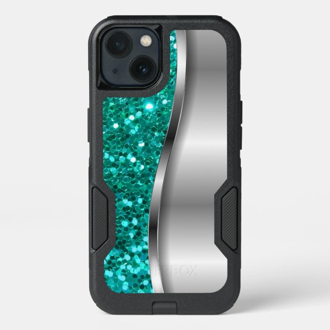 Cool Turquoise Glitter Otterbox iPhone Case (Back)