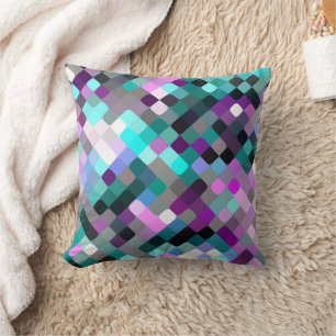 Cool Turquoise Purple Retro Round Squares Pattern Throw Pillow