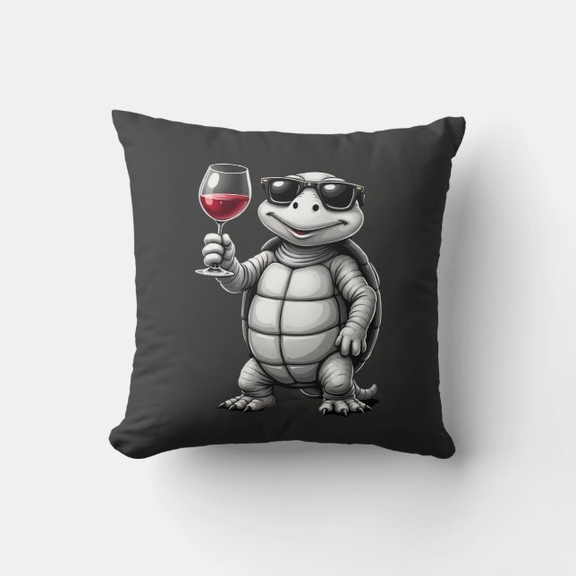 cool turtle drinking red wine art print_1 (1) throw pillow (Front)
