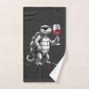 cool turtle drinking red wine art print_1 (2) hand towel