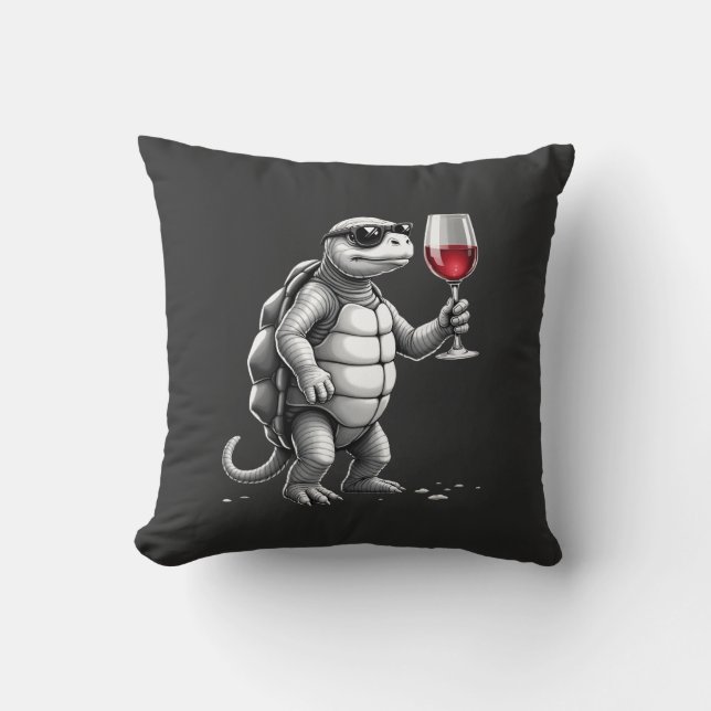 cool turtle drinking red wine art print_1 (2) throw pillow (Front)