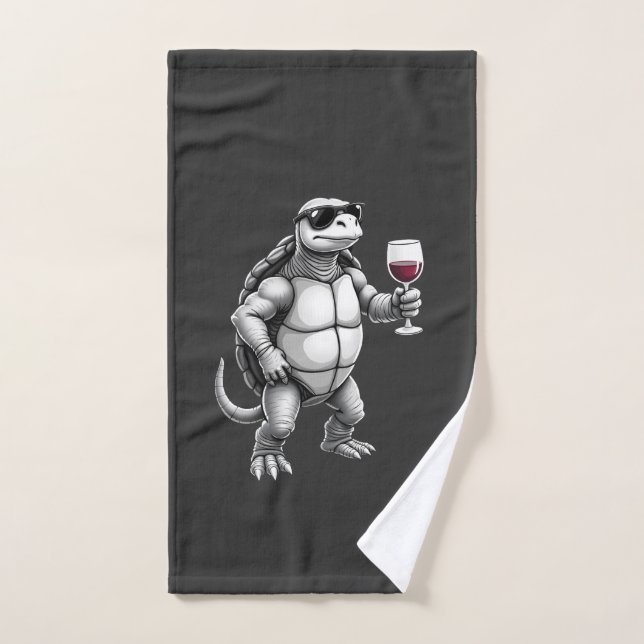 cool turtle drinking red wine art print_1 (3) hand towel  (Hand Towel)