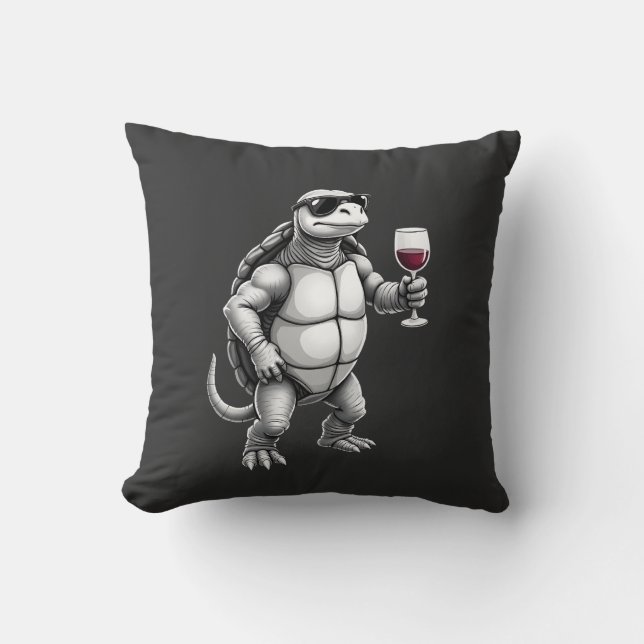 cool turtle drinking red wine art print_1 (3) throw pillow (Front)