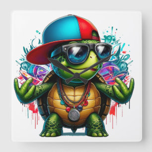 cool turtle hip hop square wall clock