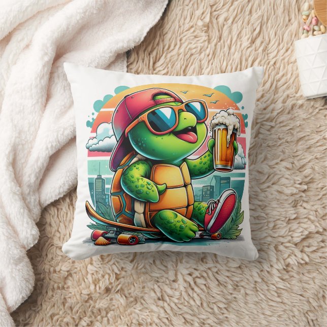 Cool turtle relaxing with a drink on the boardwalk throw pillow (Blanket)