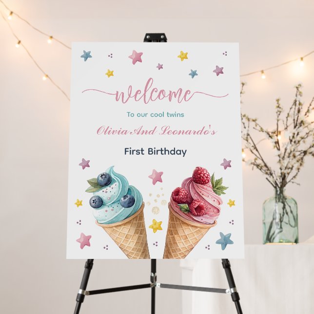 Cool Twins Ice Cream Birthday Party Welcome Foam Board (In Situ (Stand))