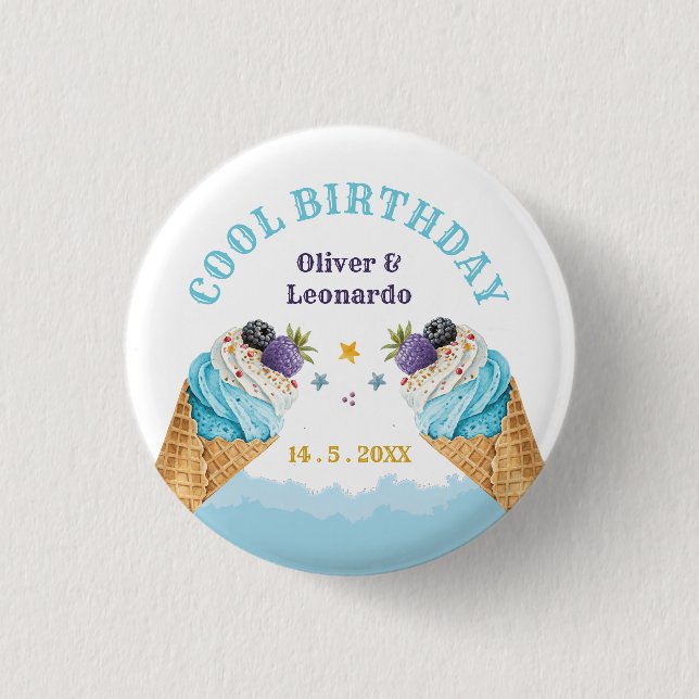 Cool Twins Ice Cream Boys Birthday Paper Plate Button (Front)