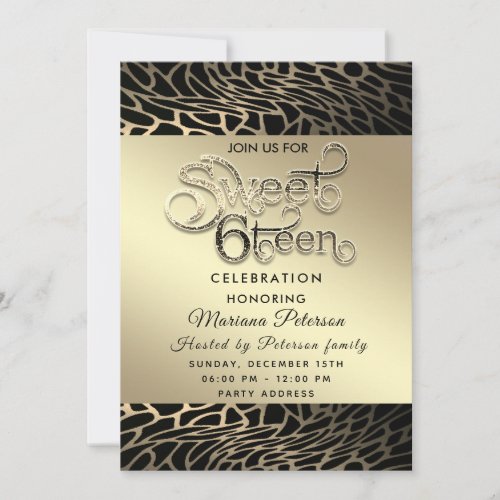 Cool typography gold black  leopard sweet 16 invitation