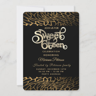 Cool typography gold black leopard sweet 16 invitation