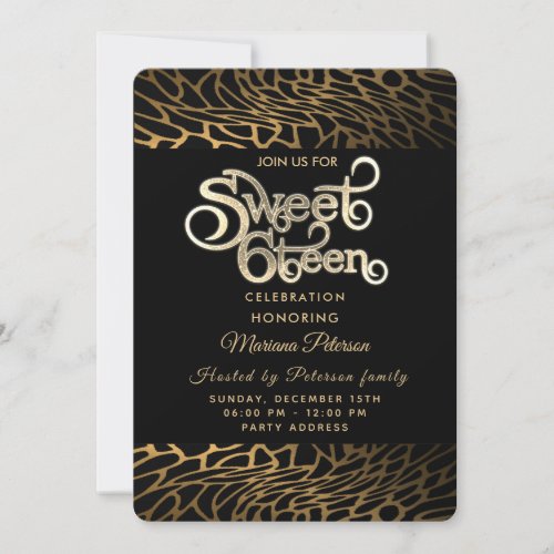 Cool typography gold black  leopard sweet 16  invitation