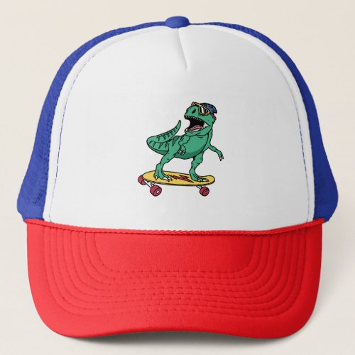 Cool tyrannosaurus playing skateboard with sunglas trucker hat