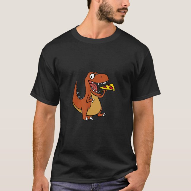 Cool Tyrannosaurus Rex Dinosaur Eating Pizza T-Shirt (Front)