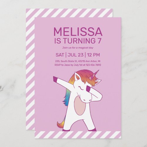 Cool Unicorn Dabbing Pink Purple Kids Birthday Invitation