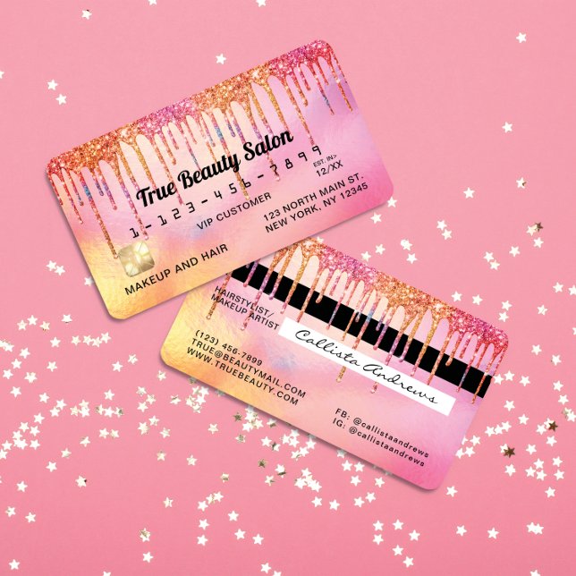 Cool Unicorn Pink Holographic Glitter Drips Credit Business Card