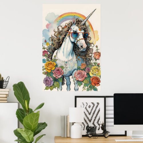 Cool Unicorn Vibes Sunglasses Rainbows  Roses Poster