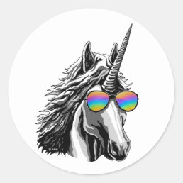 Cool unicorn with rainbow sunglasses classic round sticker