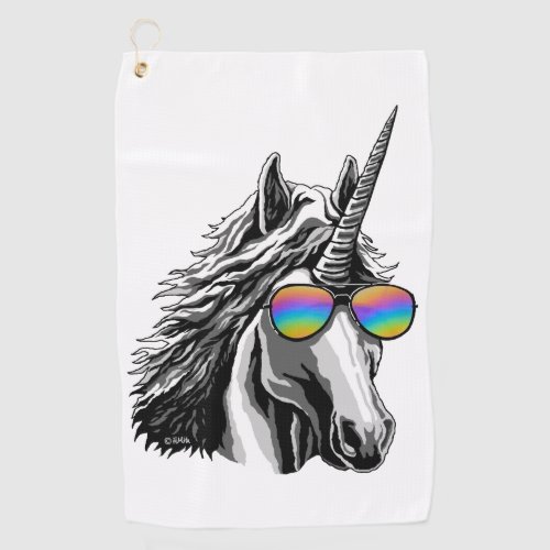 Cool unicorn with rainbow sunglasses golf towel