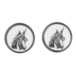 Cool unicorn with rainbow sunglasses gunmetal finish cufflinks