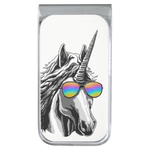 Cool unicorn with rainbow sunglasses silver finish money clip