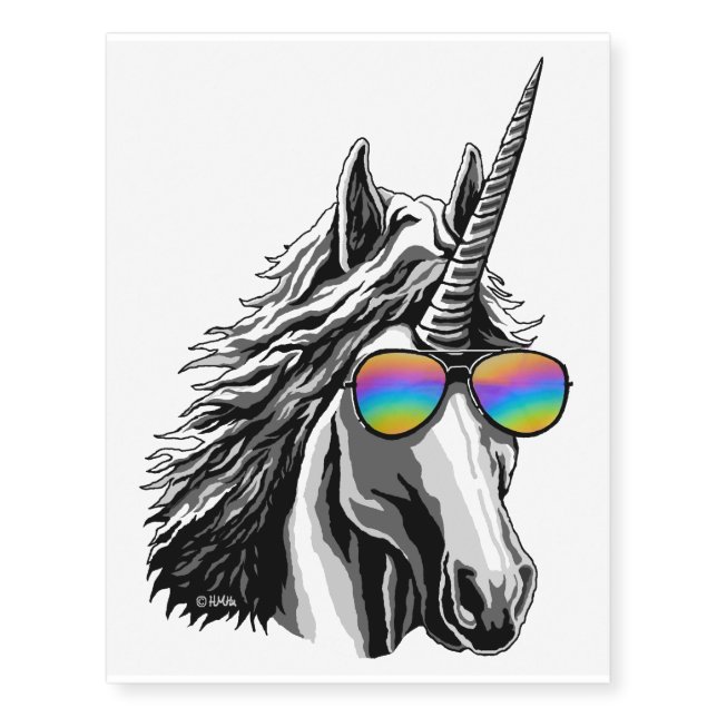 Cool unicorn with rainbow sunglasses temporary tattoos (Front)