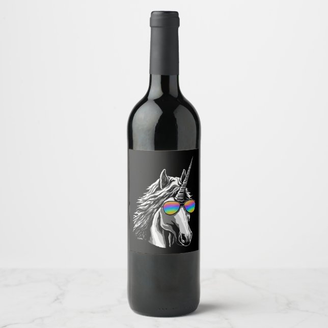 Cool unicorn with rainbow sunglasses wine label (Front)