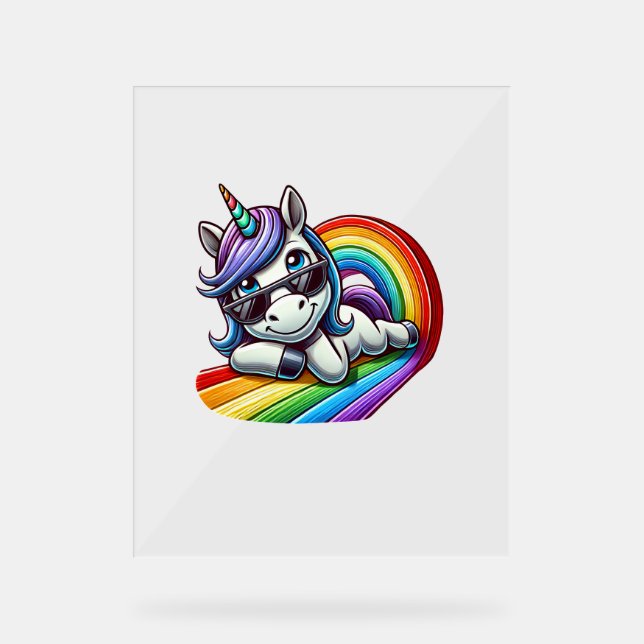 Cool Unicorn with Sunglasses on Rainbow Long Sleev Acrylic Sign (Front)