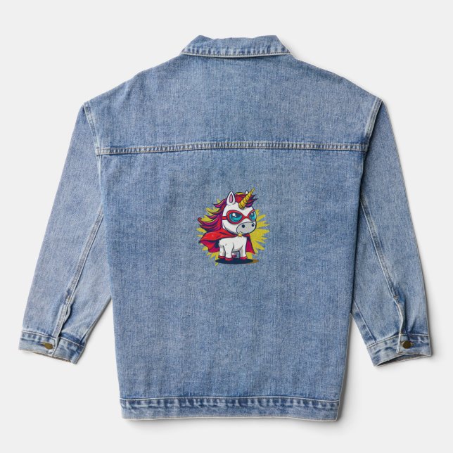 Cool Unicorn with Superhero Cape Costume Long Slee Denim Jacket (Back)