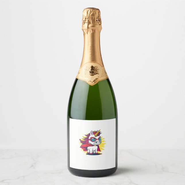 Cool Unicorn with Superhero Cape Costume Long Slee Sparkling Wine Label (Front)